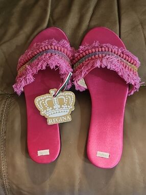 Regina Hot Pink Fringe Beaded Slide Sandals